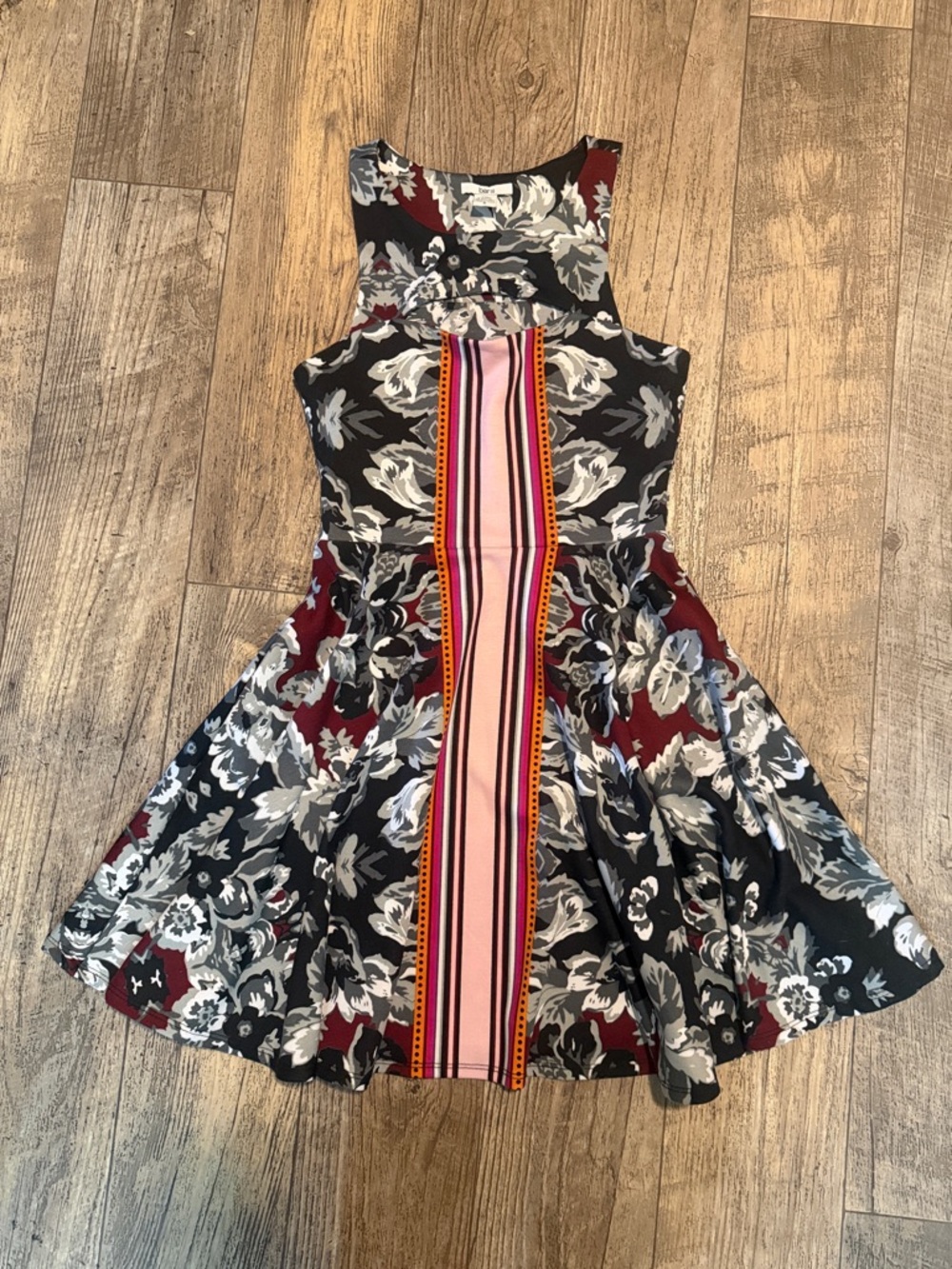 Girls Black Floral Fit-and-Flare Dress with Pink Stripe